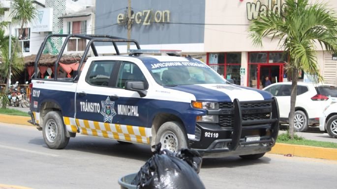 A municipal traffic police pickup truck marked "TRANSITO MUNICIPAL" parked on a street with storefronts in the background.