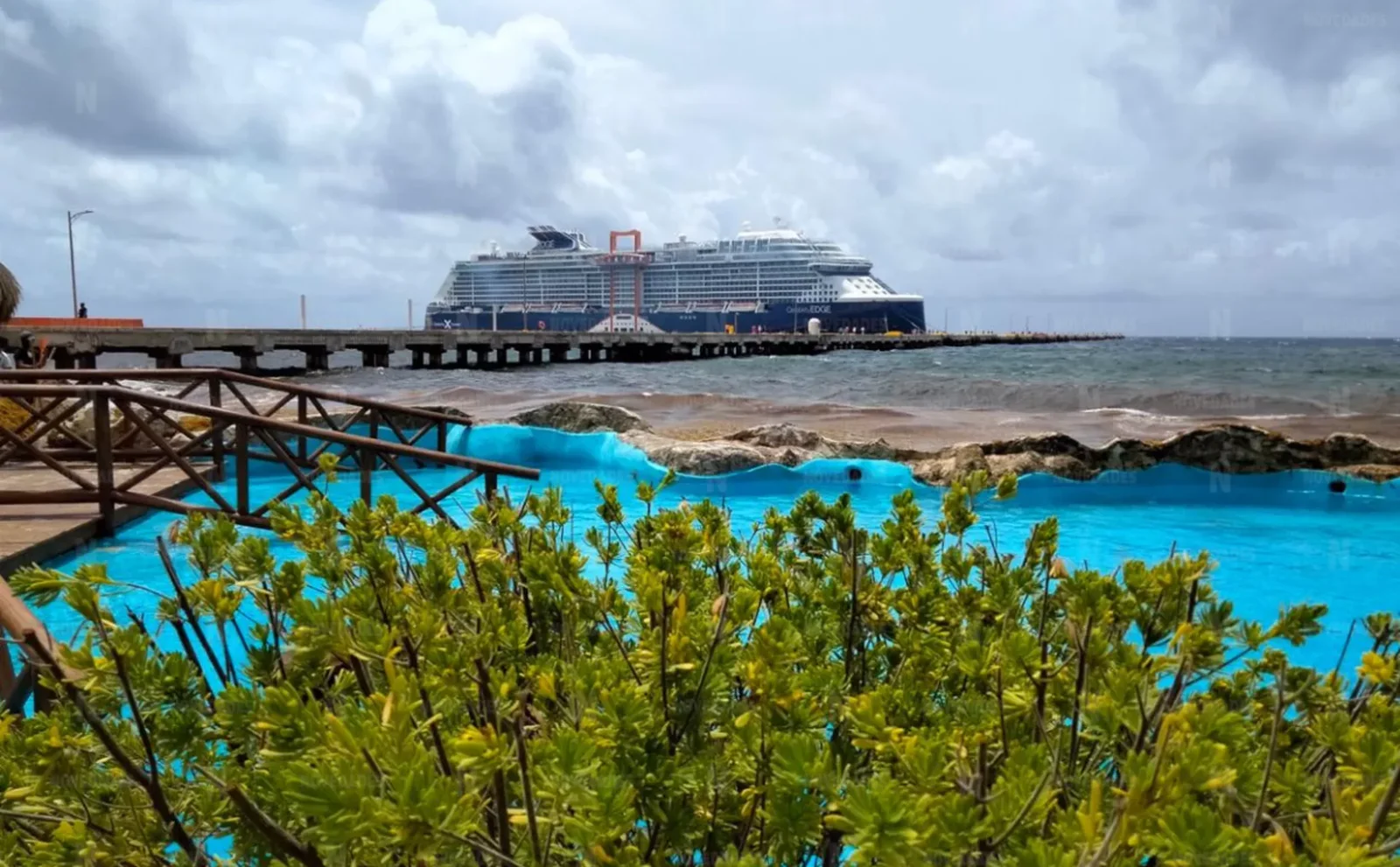 A cruise ship docked at a pier in a tropical location with choppy sea water and green foliage in the foreground under a cloudy sky.