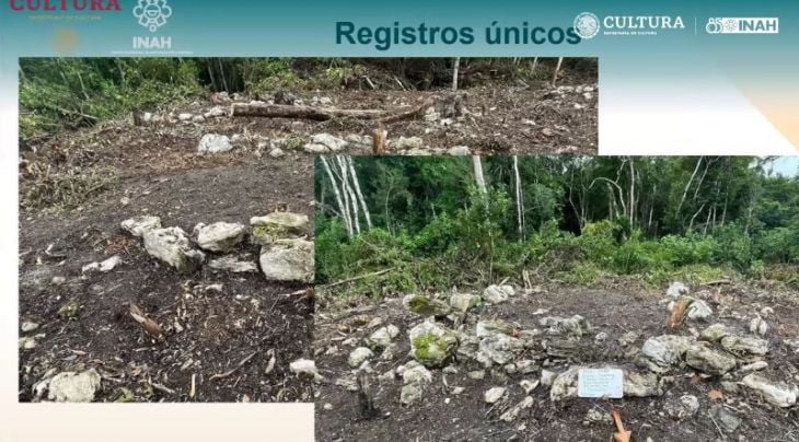 Two photographs showing remnants of ancient stone structures among trees, indicating an archaeological site.