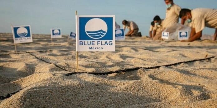 A Blue Flag emblem signifying environmental certification on a Mexican beach, with individuals in the background tending to the beach.