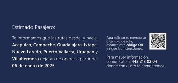 An informational image displaying a Spanish notice about route cancellations to various locations from January 6, 2025, with a QR code for further details or refunds.