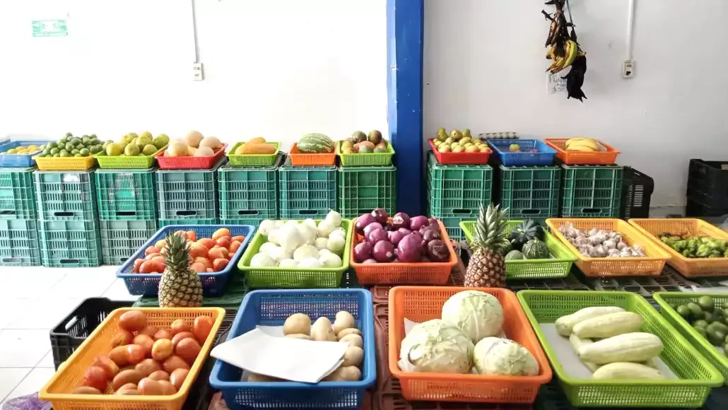 A vibrant display of fresh fruits and vegetables in a market, with colorful baskets and crates arranged neatly.$# CAPTION