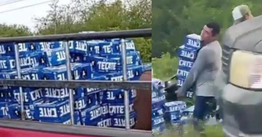 A truck loaded with stacked cases of beer, predominantly featuring blue packaging with the brand name 'TECAT'. A person is seen handling the cases in the foreground.$# CAPTION