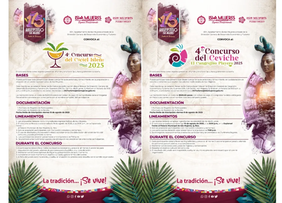 Announcement for the 4th Ceviche and Cocktail Competitions in Isla Mujeres, highlighting key details and guidelines for participants.$#$ CAPTION