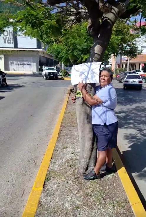citizen changes to tree during protest in playa del carmen