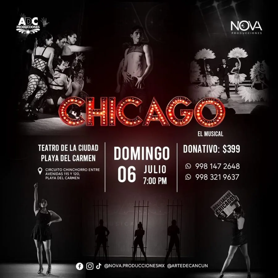 Promotional poster for the musical Chicago featuring performers in elegant costumes and theatrical lighting. Details include the date, venue, and donation amount. ][$# CAPTION