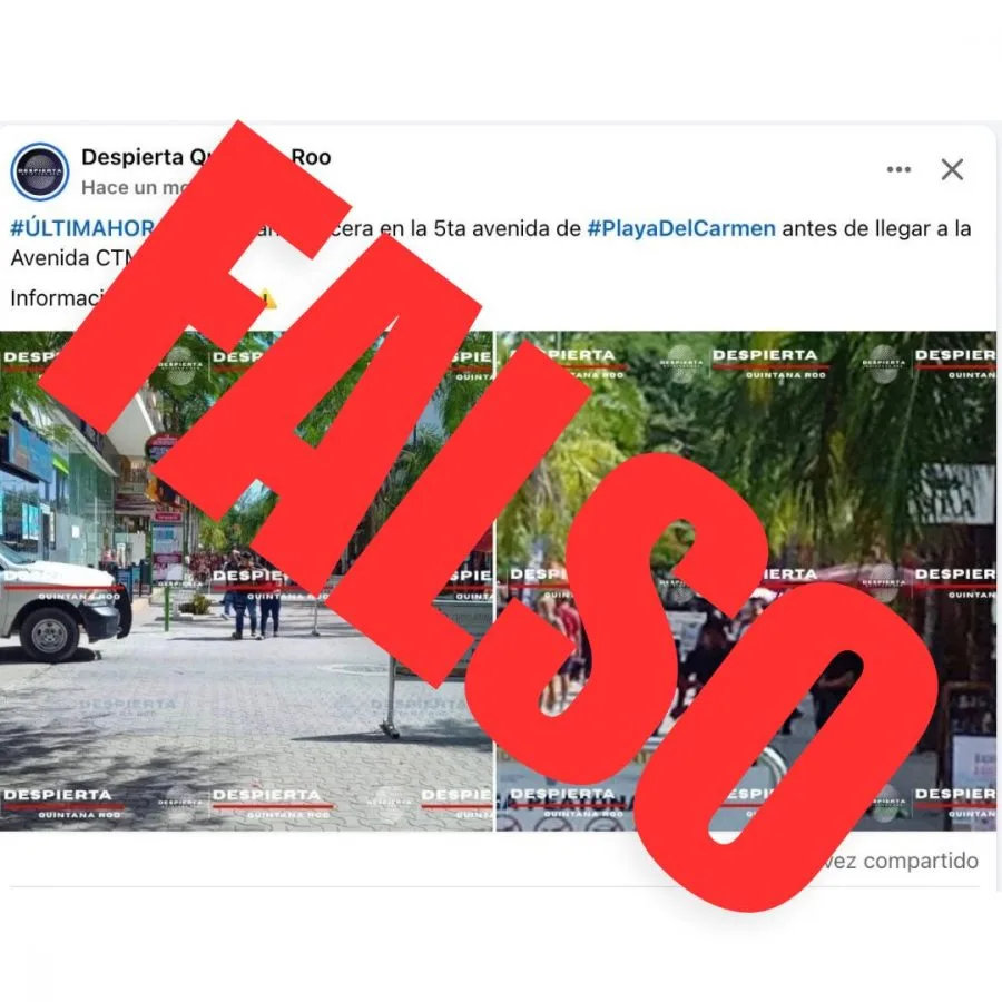 A text overlay saying "FALSO" on a scene from Playa del Carmen, showing shops and pedestrians on a street with palm trees and a police vehicle in view.$# CAPTION