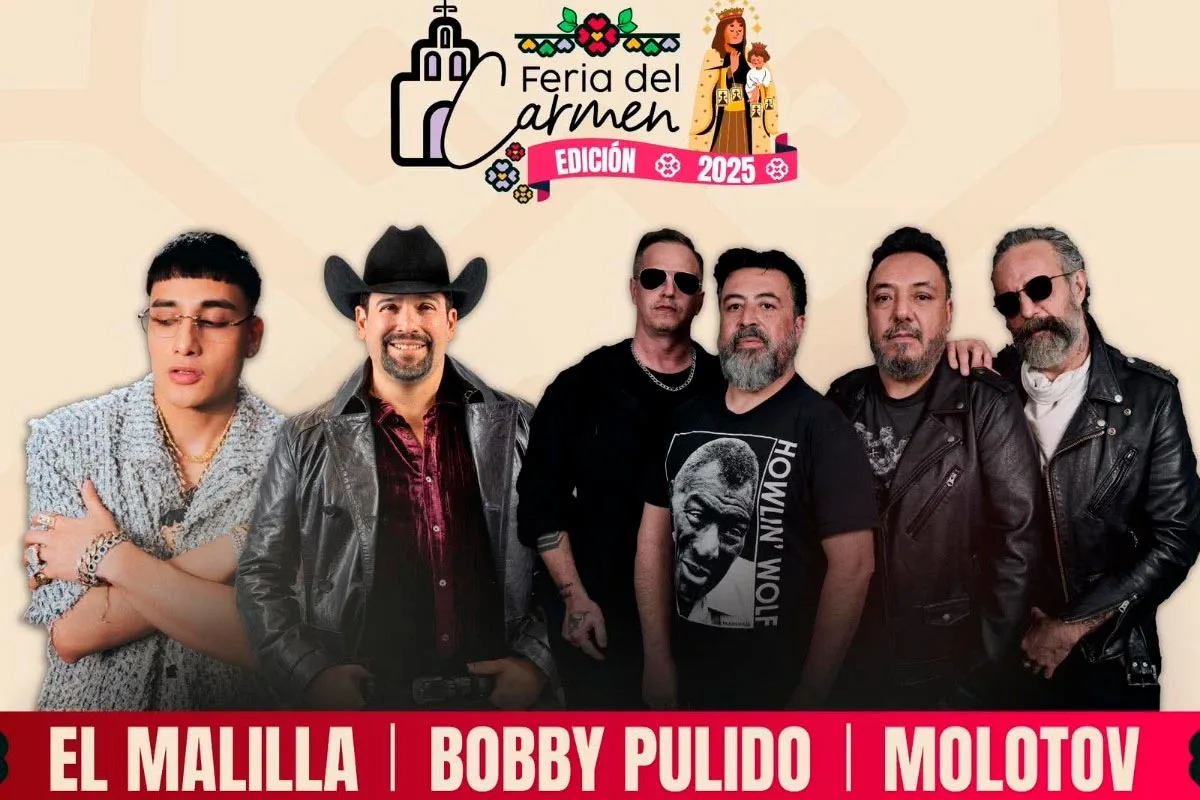 A promotional image featuring artists El Malilla, Bobby Pulido, and Molotov for the Feria del Carmen 2025 event.$# CAPTION