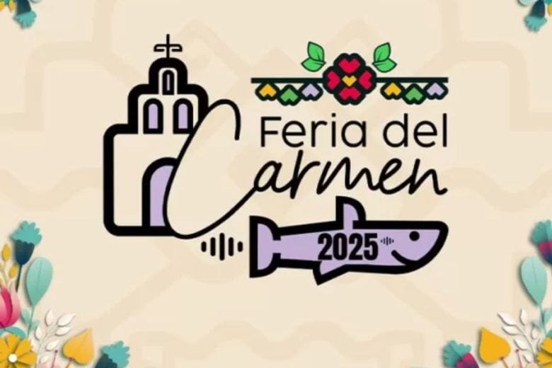 A logo for the Feria del Carmen, featuring a church silhouette, a fish illustration, and the year 2025. Floral elements frame the design.$# CAPTION