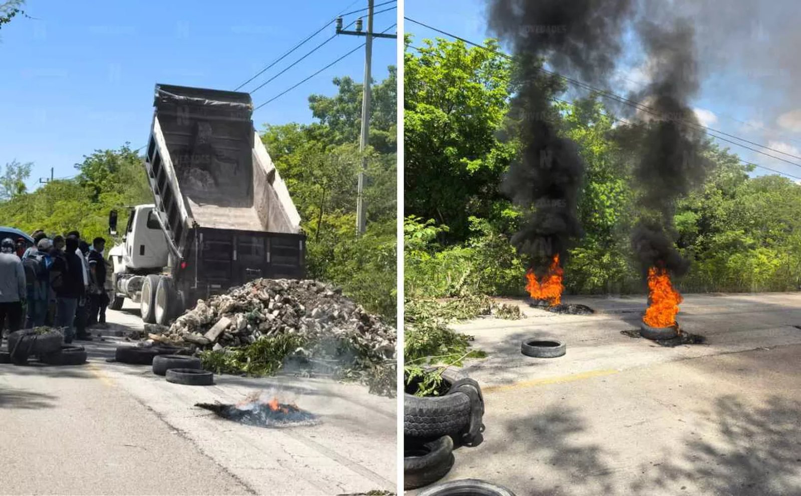 A truck unloading debris near a group of people and burning tires on the road, indicating a protest or blockade situation.$#** **CAPTION