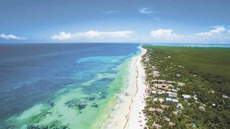 Aerial view of a pristine beach with clear turquoise waters and lush greenery along the shore.$#$ CAPTION