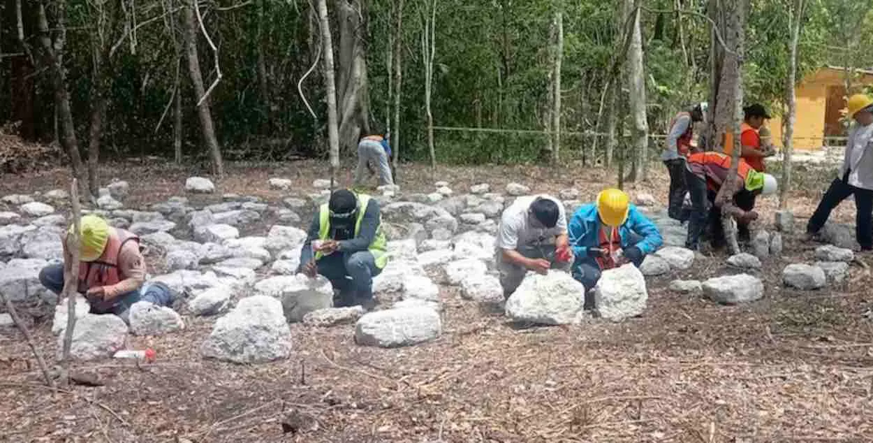 A group of workers engaged in an archaeological excavation surrounded by large stones in a forested area. Some are seated while others stand, all focused on their tasks.$# CAPTION
