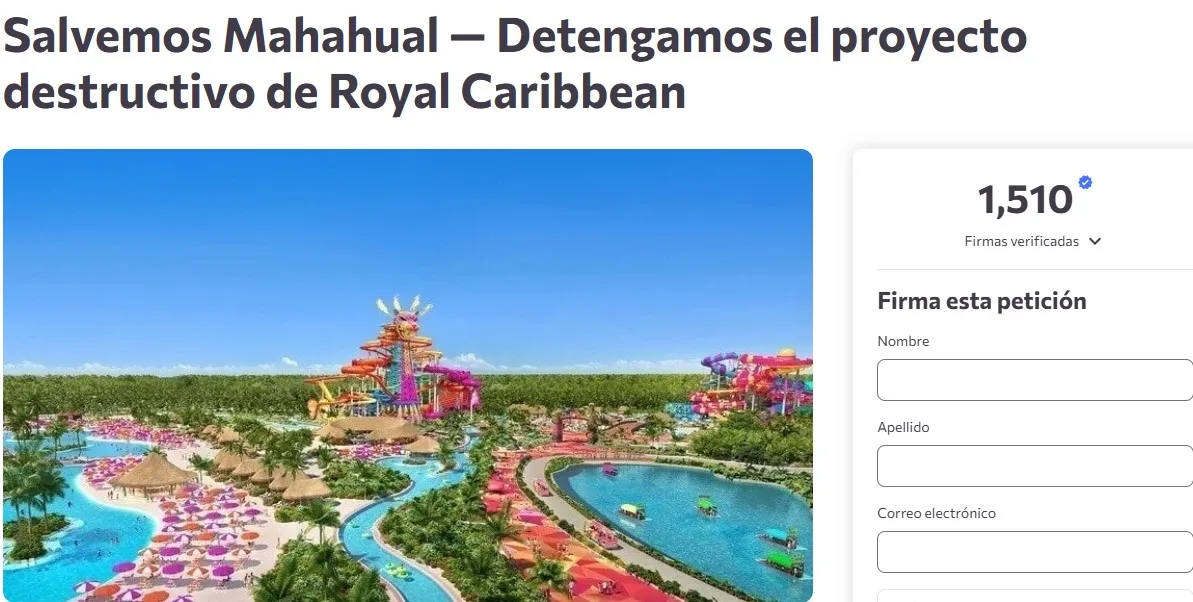 A vibrant render of the proposed Royal Caribbean project in Mahahual, featuring water slides, pools, and lush surroundings.$# CAPTION