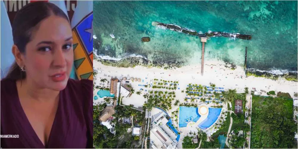 A split image featuring a woman in a purple top on the left and an aerial view of a beach resort with pools and sandy shores on the right.$# CAPTION