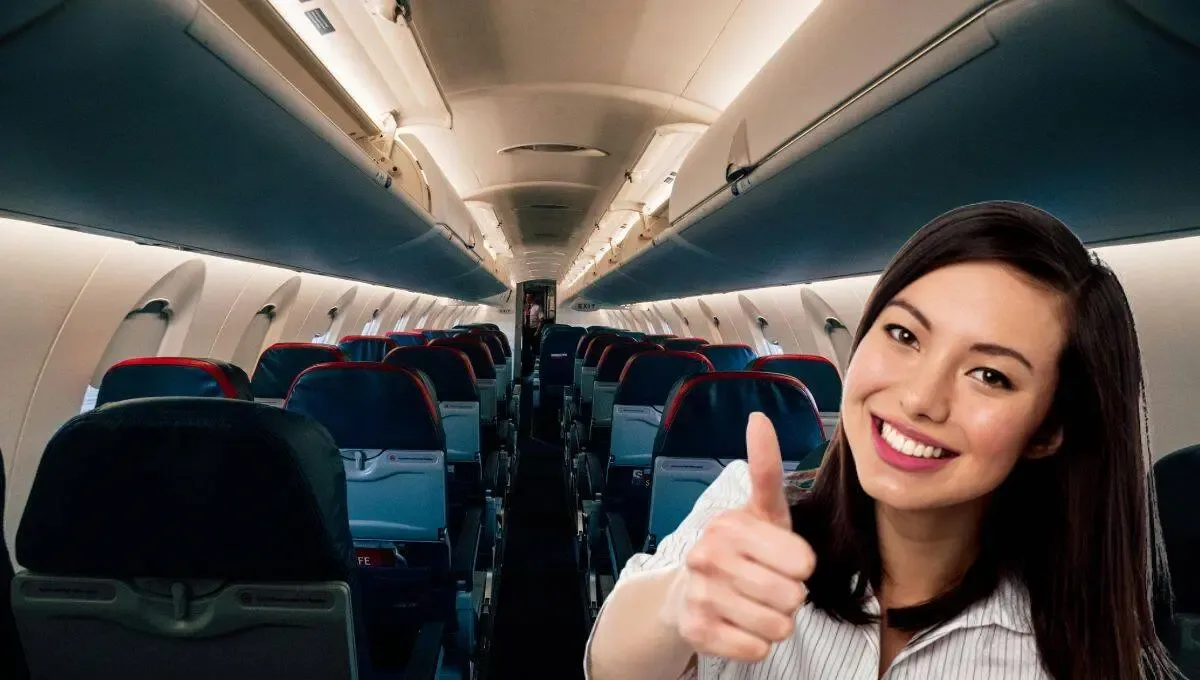 A smiling woman giving a thumbs up inside an airplane cabin with empty seats visible.$#$ CAPTION
