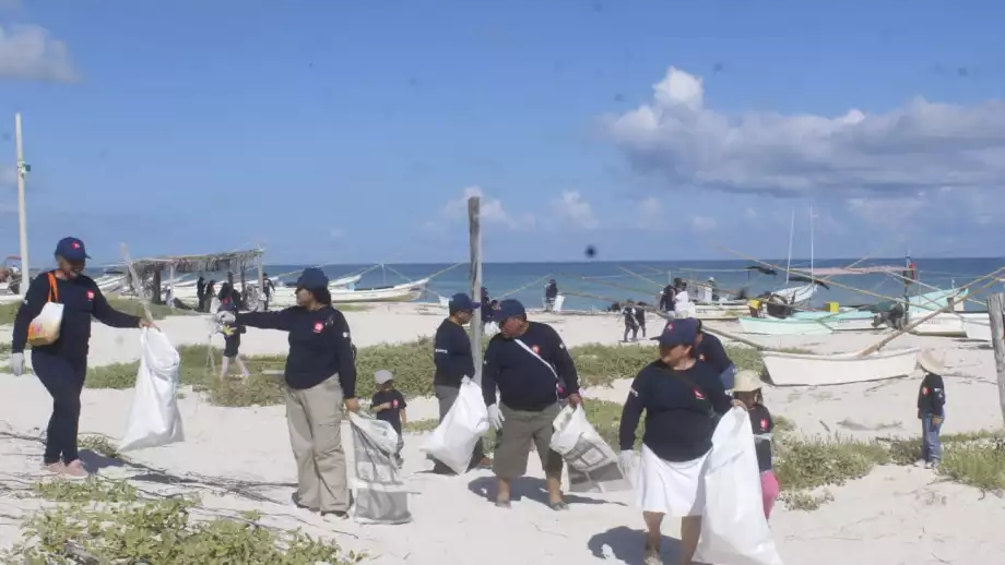 A group of people participating in a beach cleanup, carrying bags and working together under a clear blue sky.$#$ CAPTION