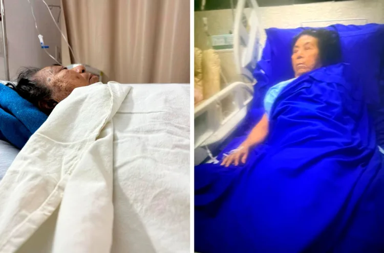 A split image showing a hospitalized elderly woman resting in two different settings, one lying in bed covered with sheets and the other sitting up slightly in a bright blue blanket.