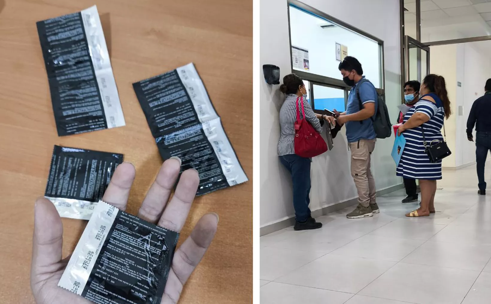 A hand holding a packet of medication with several more packets on a wooden surface, alongside a busy clinic reception area where individuals are interacting with staff at a window.$# ### CAPTION