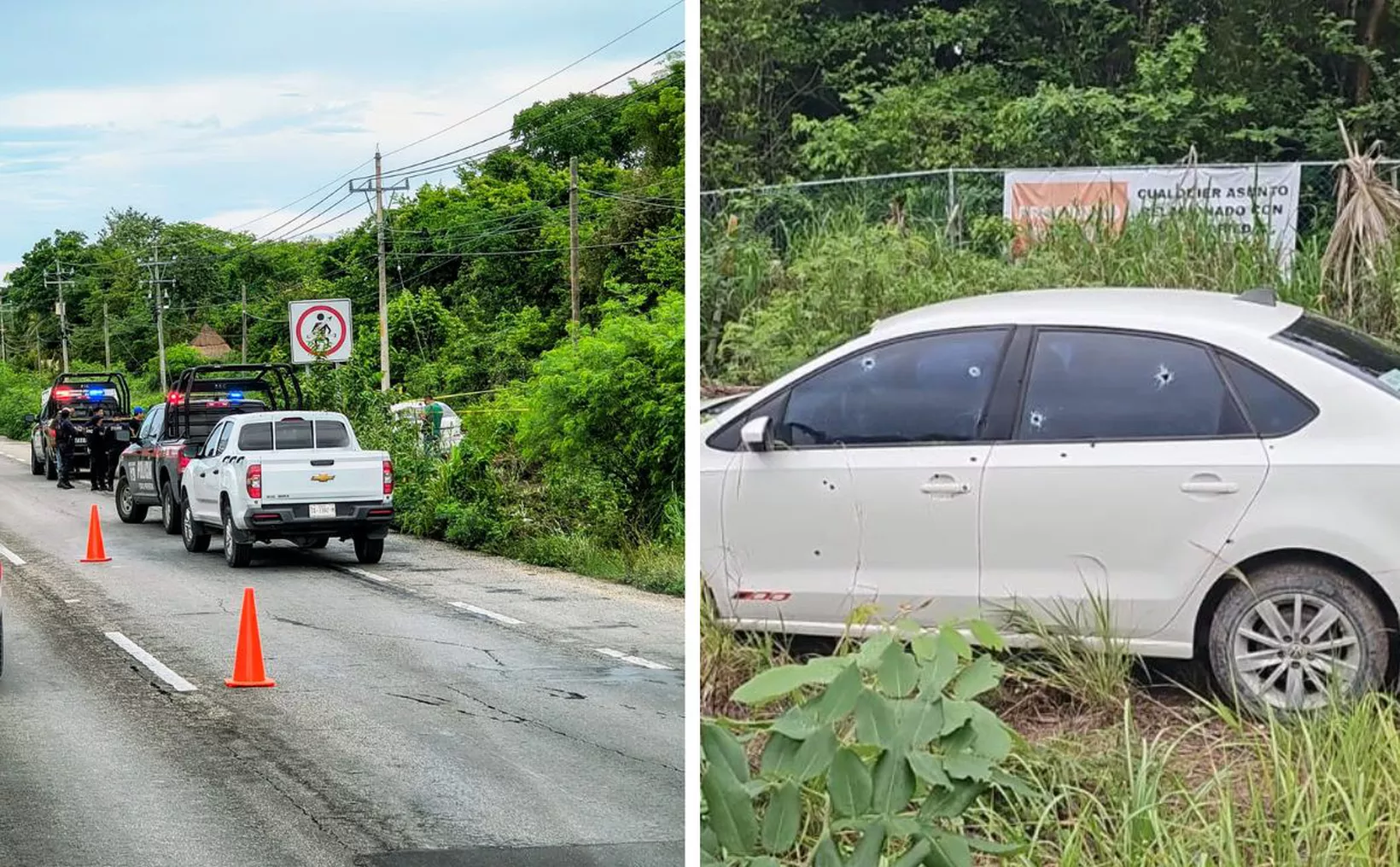 A police scene on a roadside with two police vehicles, cones marking the area, and an abandoned car with visible bullet holes nearby in a green landscape.