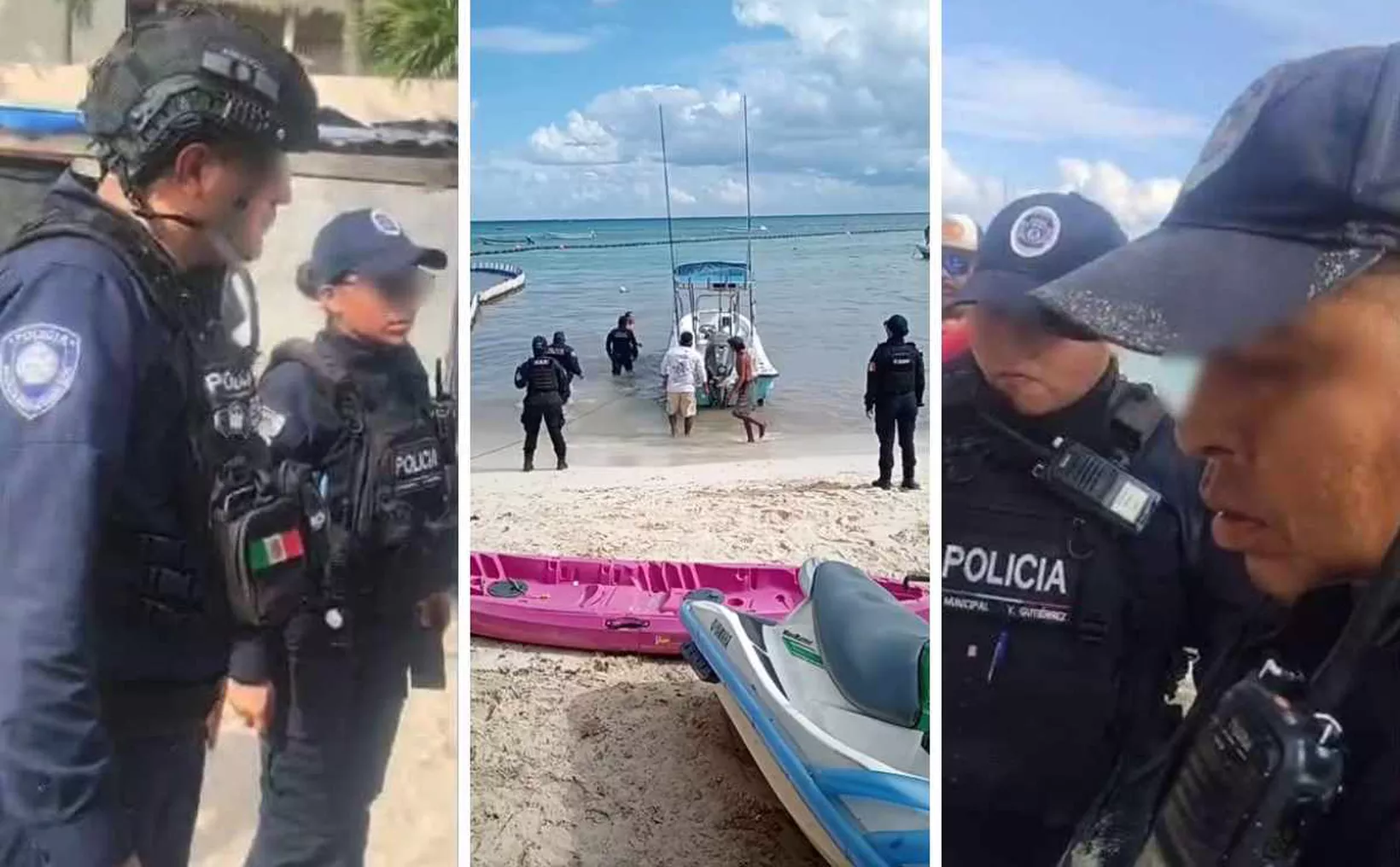 A group of police officers in tactical gear interacting near a shoreline with boats in the background. Two officers are closely examining something as they stand on the sand. A pink kayak is visible in the foreground, while more boats are seen in the water.$# CAPTION