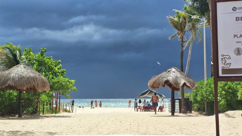 A beach scene with dark clouds overhead, featuring palm trees, straw huts, and people in the distance enjoying the shoreline.$#$ CAPTION