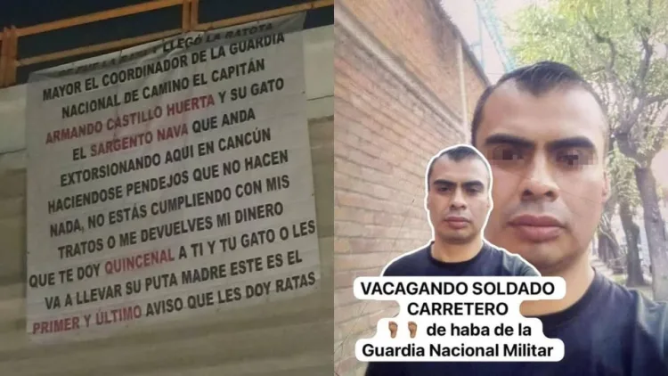 A graphic highlighting issues of extortion in Cancun, featuring a stern message directed at local authorities and a man associated with the military police.$#