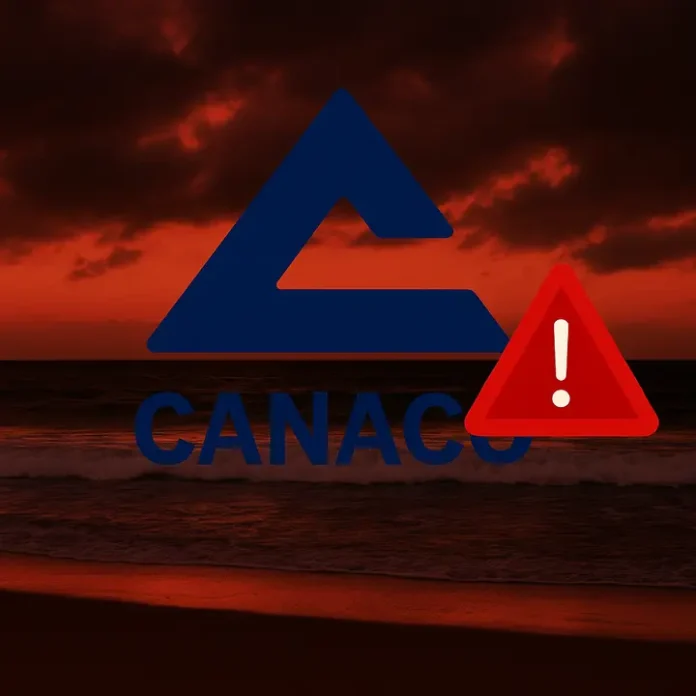 A logo featuring the word 'CANACO' against a dark red sunset background, with a triangle warning symbol juxtaposed on the right side.