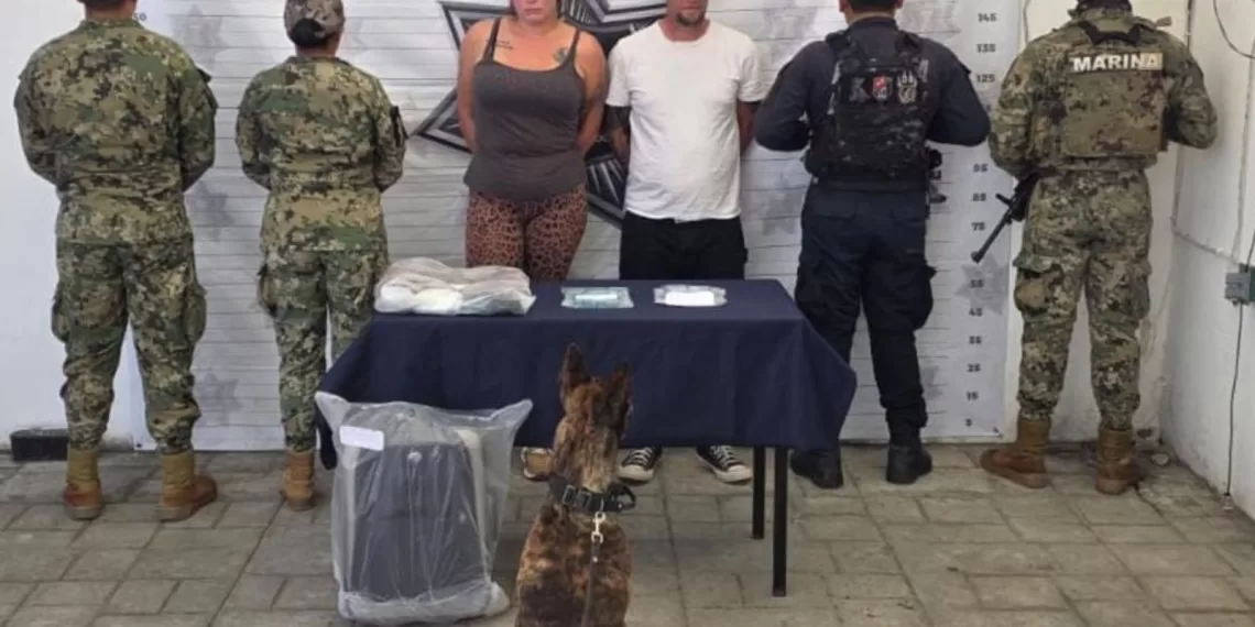 A group of law enforcement officials standing behind two individuals in custody, with a table displaying seized items and a dog in the foreground.