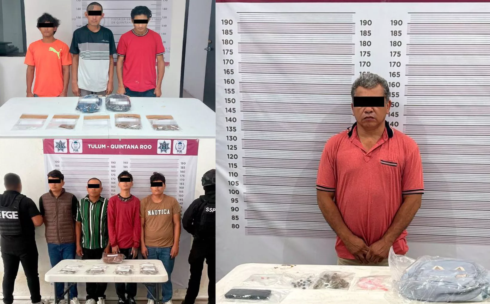 Police lineup of arrested individuals posing with seized items in Tulum, Quintana Roo.$# CAPTION