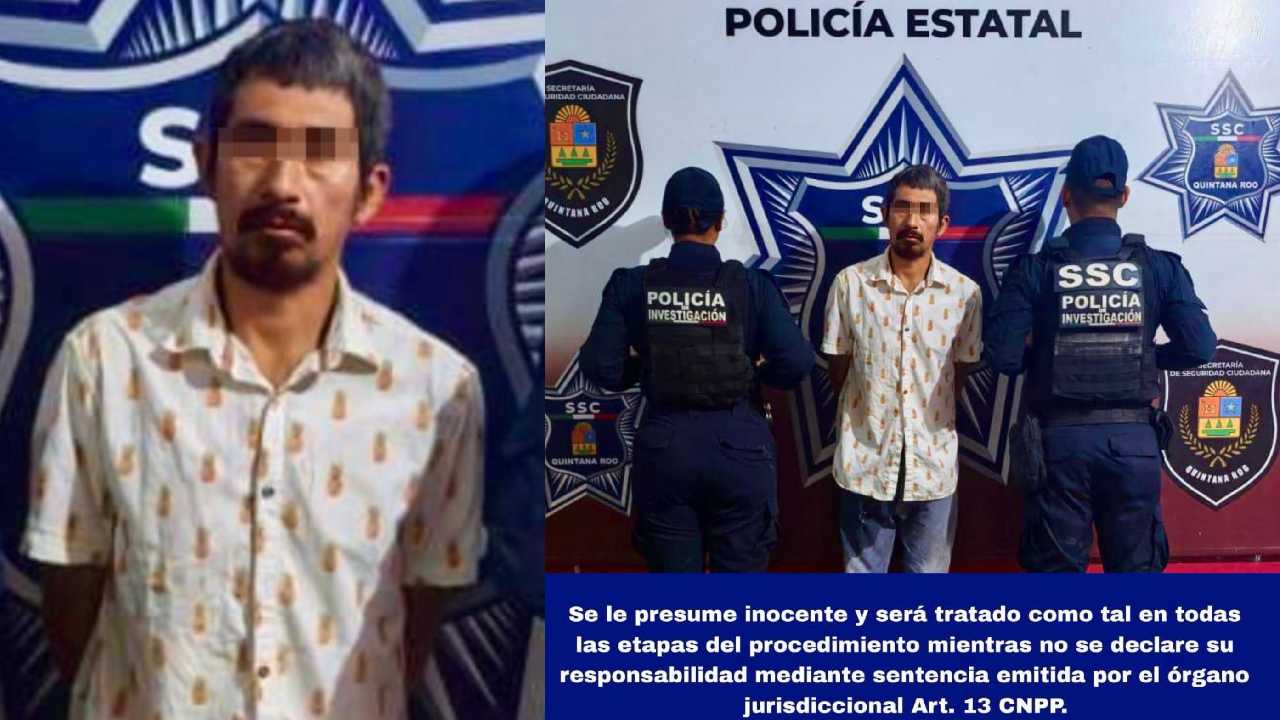 A man in a pineapple-patterned shirt is in front of police officers, standing against a police backdrop. He appears to be under arrest with text indicating he is presumed innocent until proven guilty.