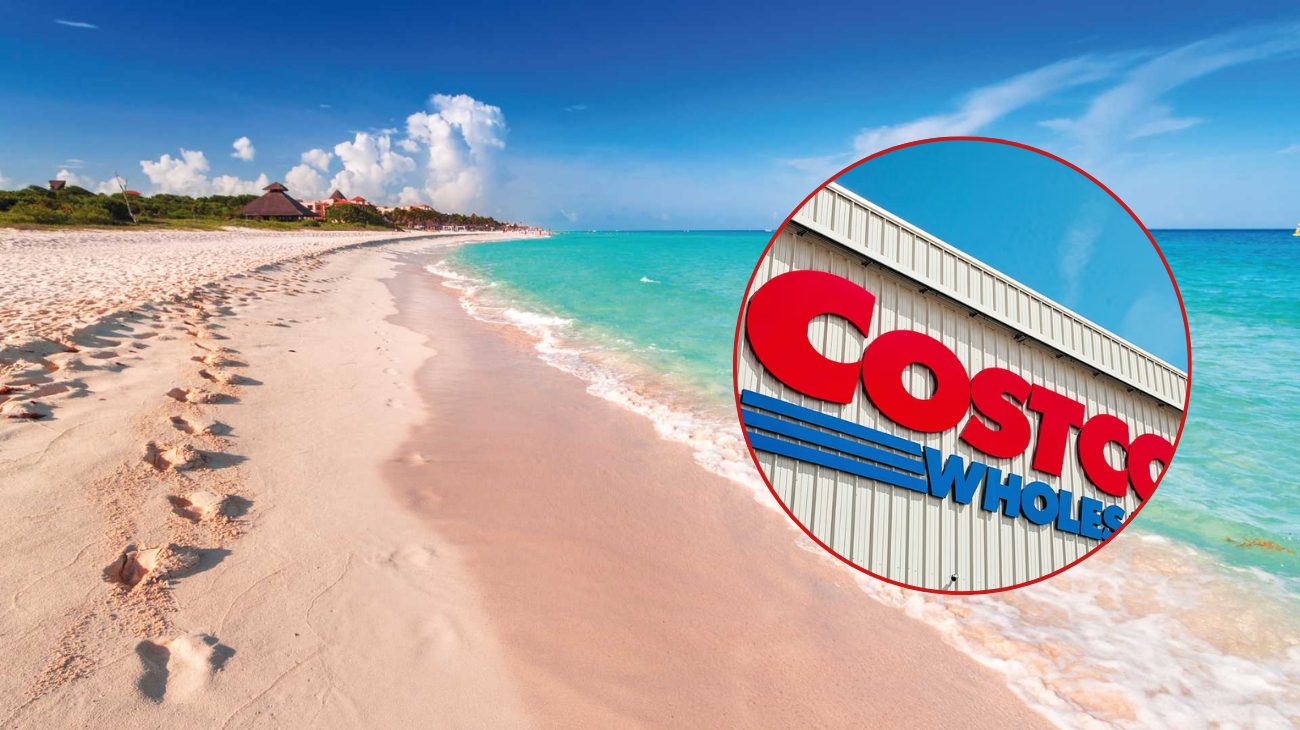 A serene beach scene with footprints on the sand and a close-up of a Costco sign in the corner.$# CAPTION