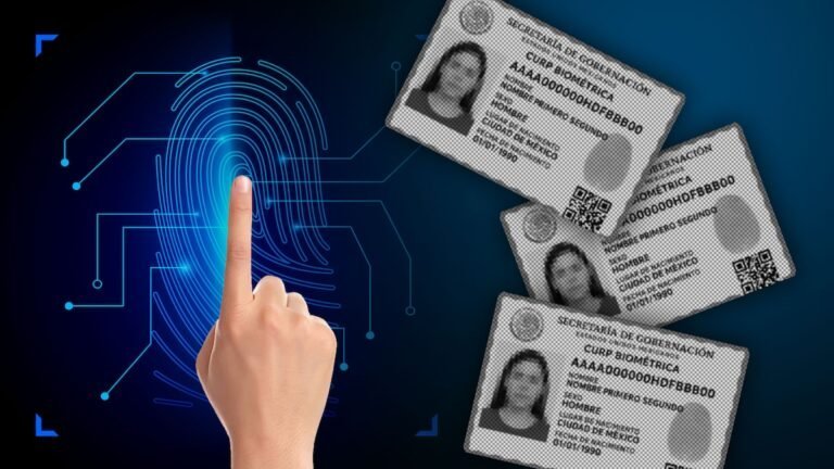 A hand reaching toward a digital fingerprint interface with biometric IDs in the background.$# CAPTION