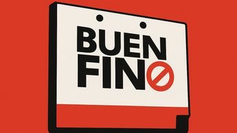 Graphic featuring the words "BUEN FIN" with a symbol indicating prohibition, set against a red background