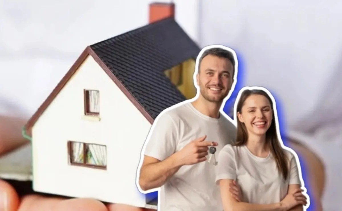 A happy couple stands beside a miniature house, holding keys, symbolizing homeownership.$#$ CAPTION