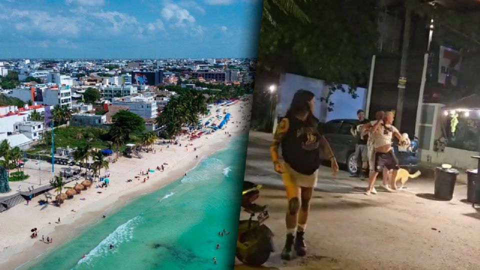 A split image showing a beach scene on the left with umbrellas and people enjoying the water, and a lively street scene on the right with people walking and socializing at night.$#$ CAPTION
