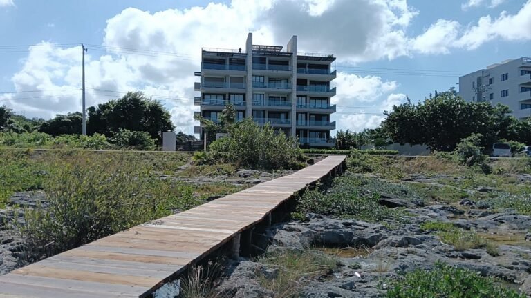 A wooden pathway leading to a modern building near the coast, with lush greenery and blue skies in the background.$# CAPTION
