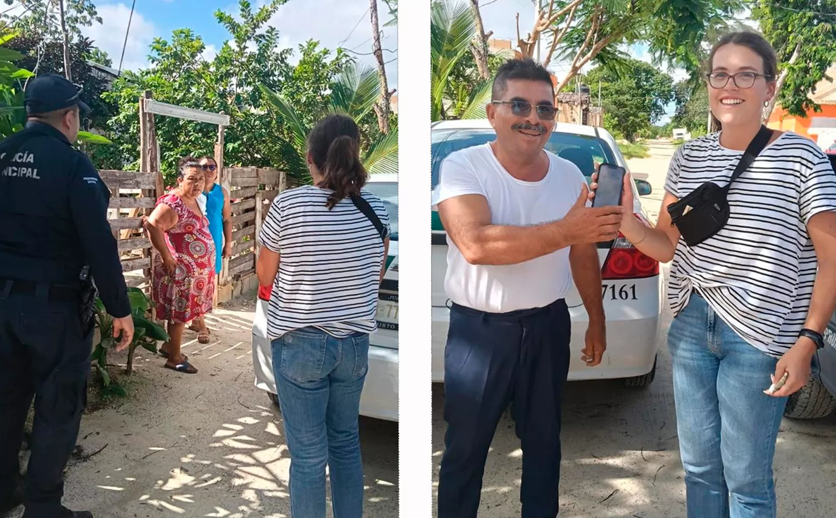 A police officer and community members engaging in a conversation while a woman hands a phone to a smiling man in a casual setting.$# CAPTION