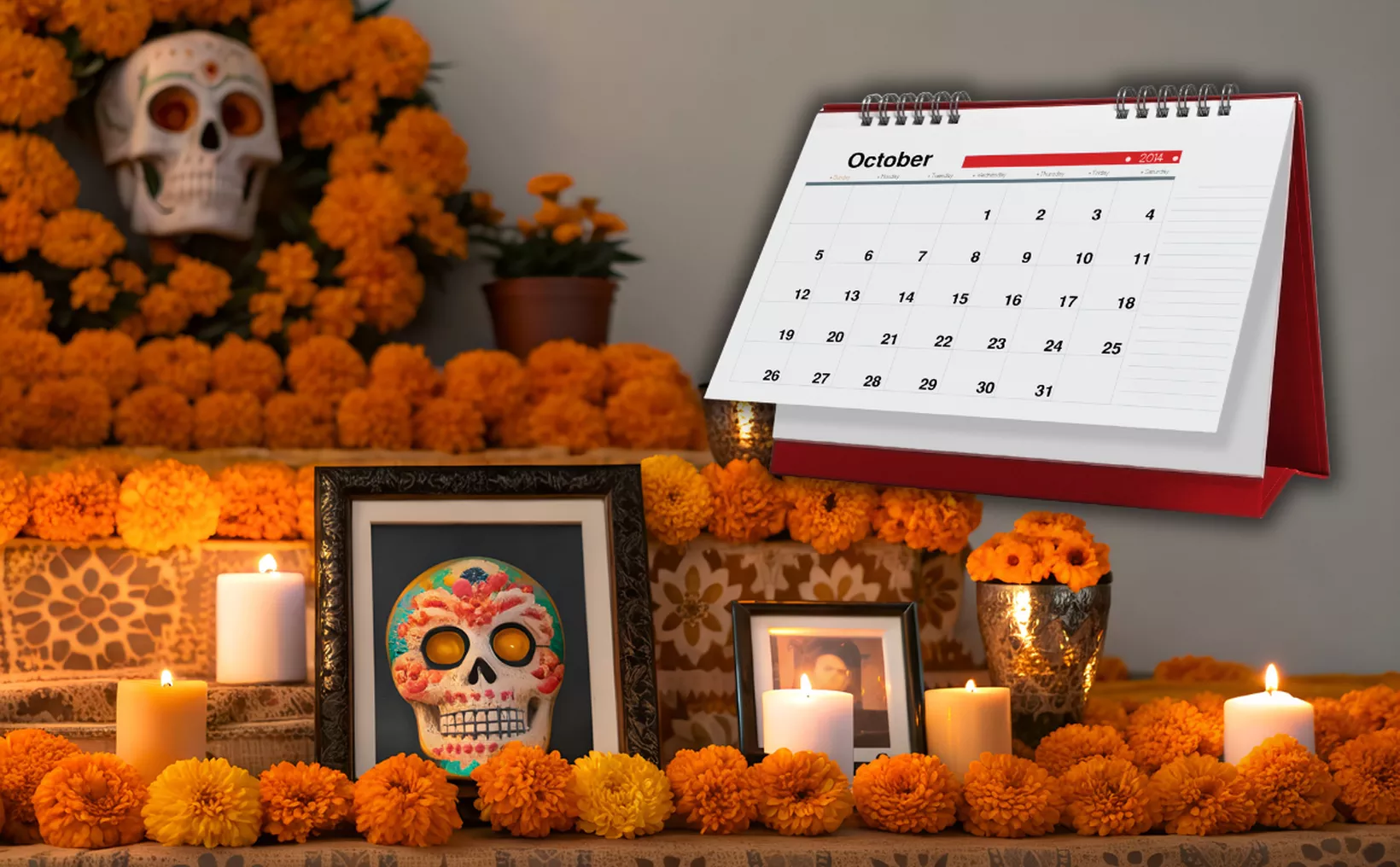 An altar decorated for the Day of the Dead with marigold flowers, candles, a decorative skull, and a calendar showing October