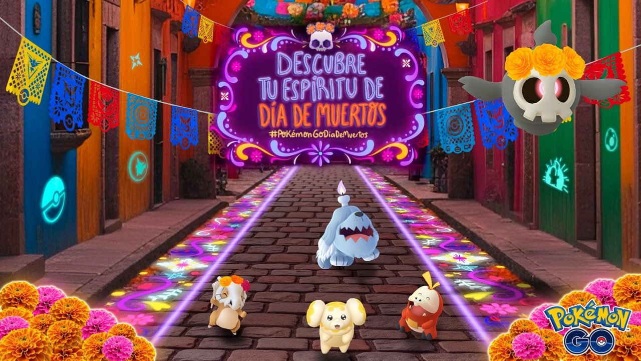 A colorful street decorated for Día de Muertos with Pokémon characters and festive decorations in Pokémon GO.$# CAPTION