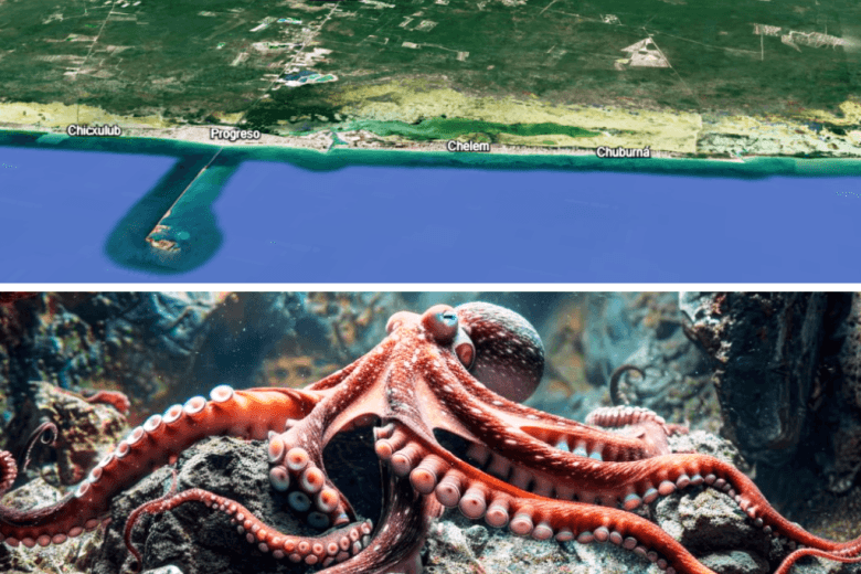 Aerial view of coastal locations including Chicxulub, Progreso, Chelem, and Chuburná, alongside a vibrant octopus underwater.