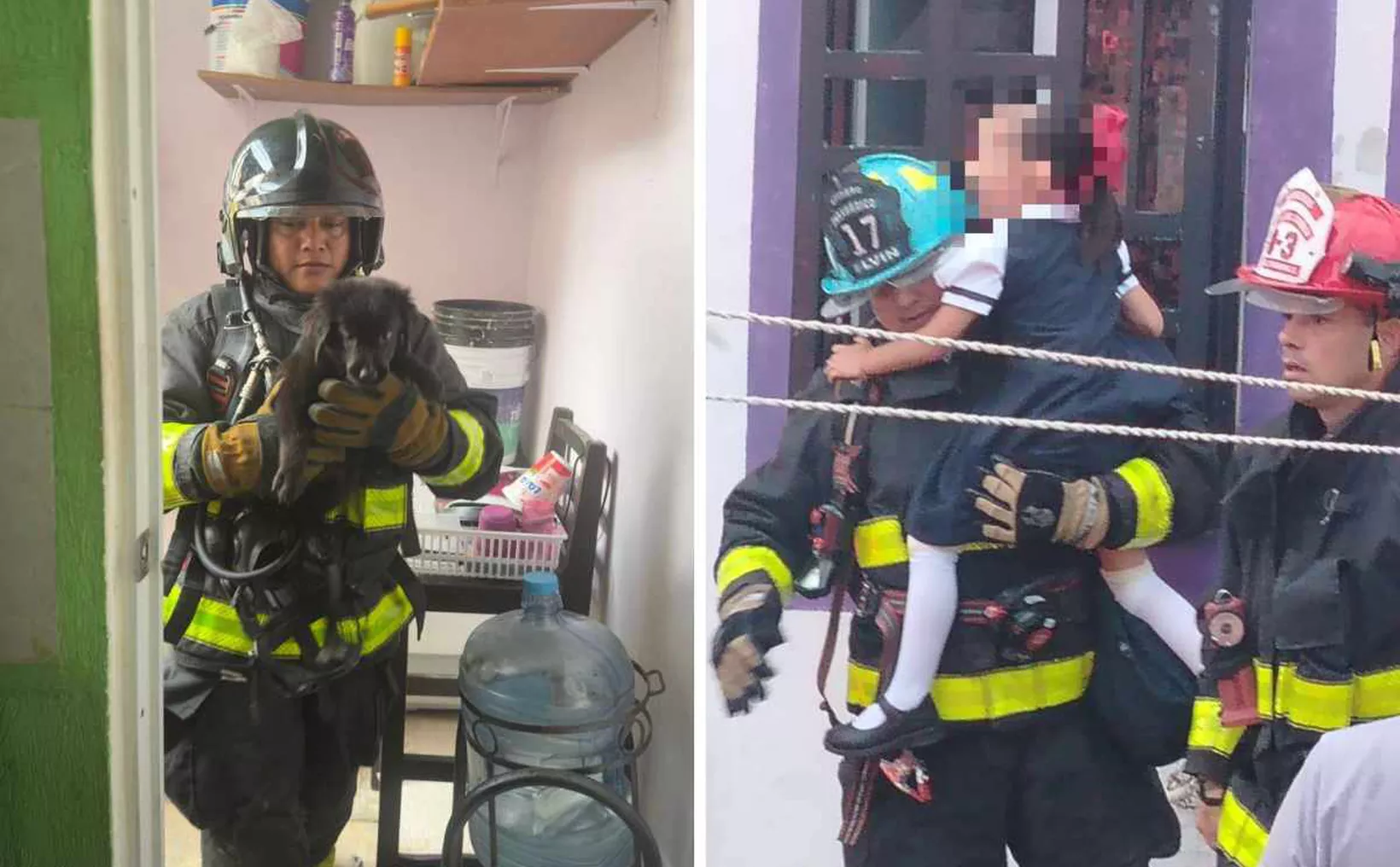 Firefighters rescuing a dog and a child during an emergency response.$# CAPTION