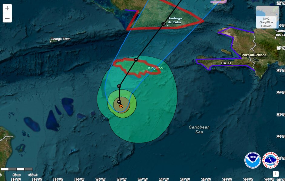 A map showing the projected path of a hurricane in the Caribbean region, with outlines of affected areas and city names like Kingston and Port-au-Prince. The map includes various alert zones.