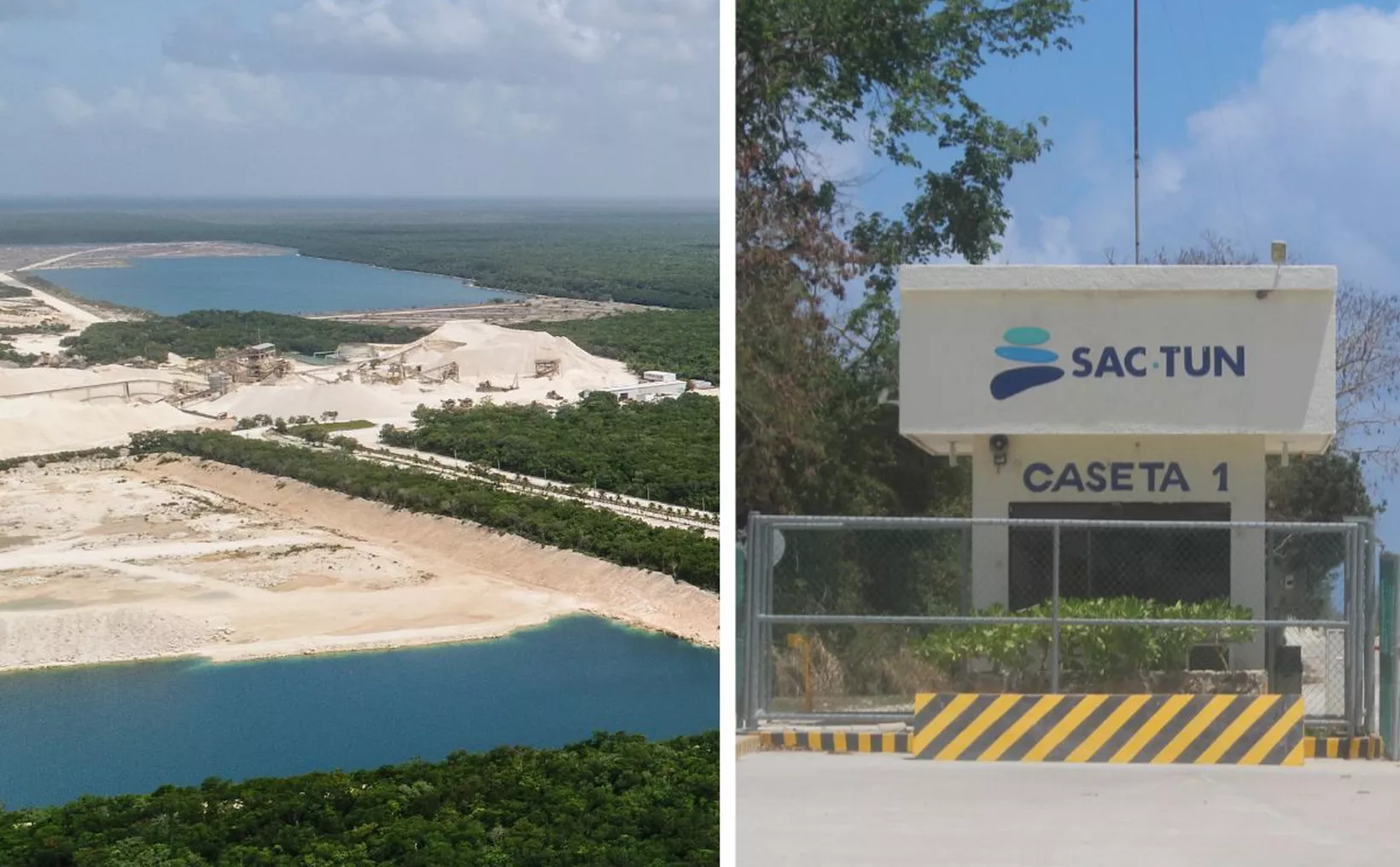 Aerial view of a sandy area and a blue water body beside a facility marked SAC TUN, indicating an industrial site with natural features surrounding it.$#$ CAPTION