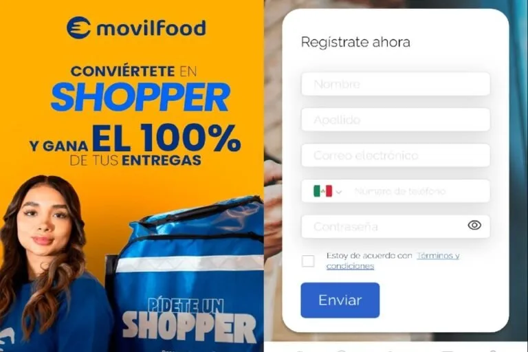 Advertisement for Movilfood encouraging users to register as Shoppers and earn money, featuring a young woman and a registration form on the right.$#$ CAPTION