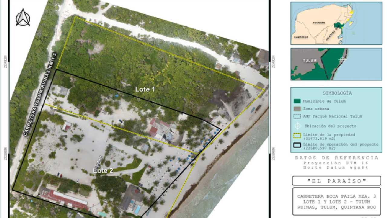 A detailed land use map showing the division of two lots, Lot 1 and Lot 2, within the Tulum area, surrounded by green vegetation and coastal regions.$# CAPTION