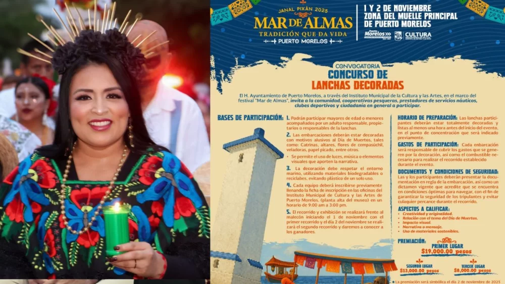 A smiling woman in traditional attire holding a green candle at a festival with a colorful backdrop. On the right, there is a poster for a decorated boats contest in Puerto Morelos featuring event details and artistic elements.$#$ CAPTION