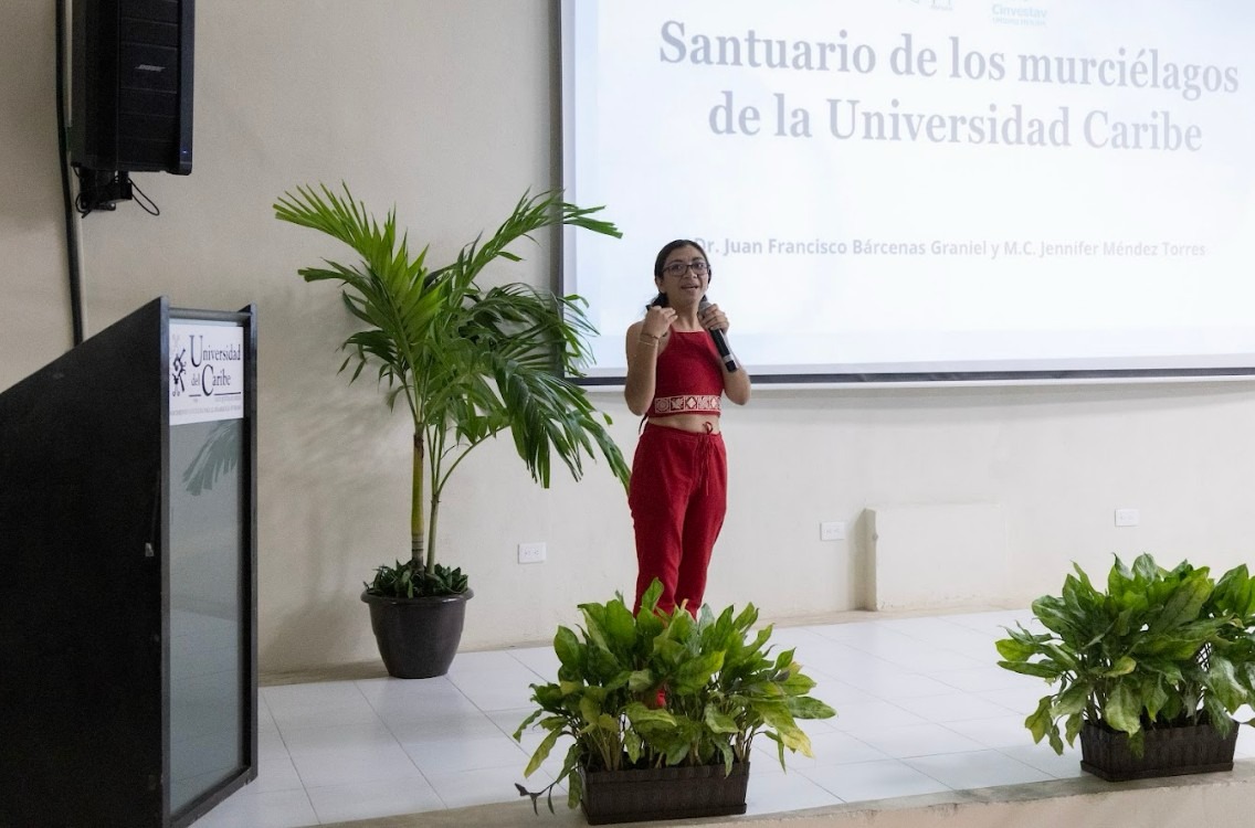 A speaker presenting at a conference, standing in front of a screen displaying information about a bat sanctuary at Universidad Caribe. A potted plant is in the foreground.