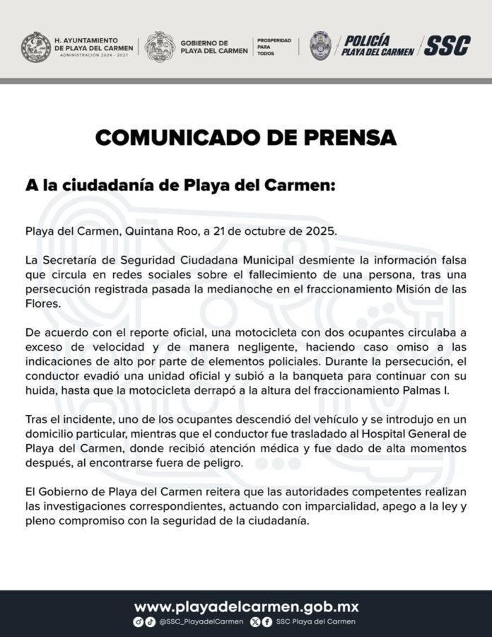 Official press release from the Playa del Carmen government addressing false information circulating on social media about a recent motorcycle incident.$# CAPTION