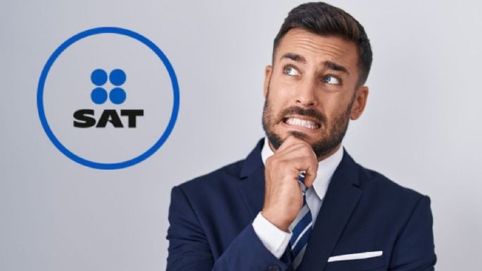 A man in a suit looking thoughtful and slightly nervous while considering the SAT exam, with the SAT logo in the background.$# CAPTION