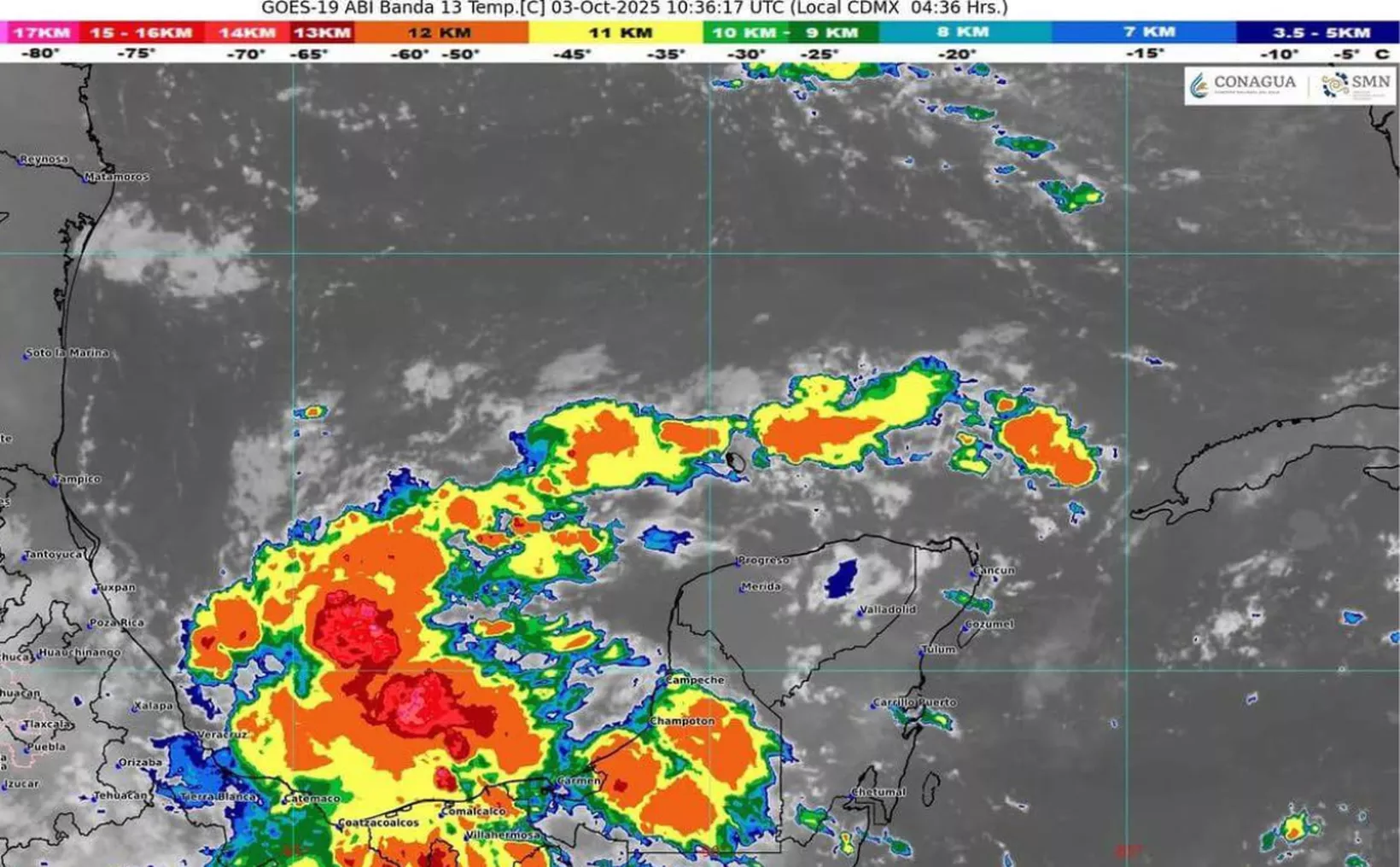 Infrared satellite image showing intense weather activity with red, orange, and yellow areas indicating heavy rainfall and thunderstorms in the Gulf of Mexico, Mexico, and surrounding regions.$# CAPTION